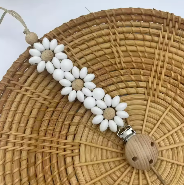 Floral Silicone & Wood Pacifier Clip